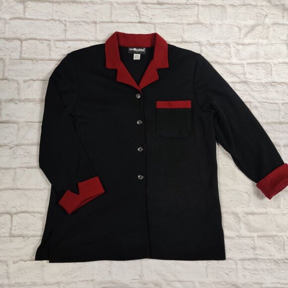 Sag Harbor Petite M Black Red Contrast Trim Button Front Blazer Vintage Retro - Picture 3 of 11
